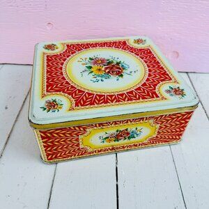 Vintage Cookie Tin Red and Gold Valentine's Day Letter Box Vintage Floral Tin